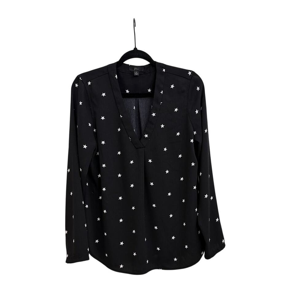 J Crew Long Sleeve Blouse Black White Flowy Star Print Teacher Shirt Small